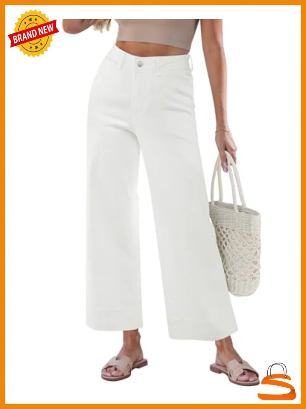 Wide Leg Cropped High Waist Denim Jeans with Welt Pockets